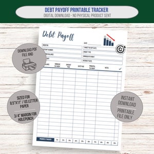 May include: Printable debt payoff tracker with a progress tracker bar at the bottom. The tracker has columns for creditor, account number, starting balance, minimum payment, amount paid, date paid, principal payment, and notes. The tracker is sized for 8.5 x 11 inch US letter paper with a 3/4 inch margin for hole punching.