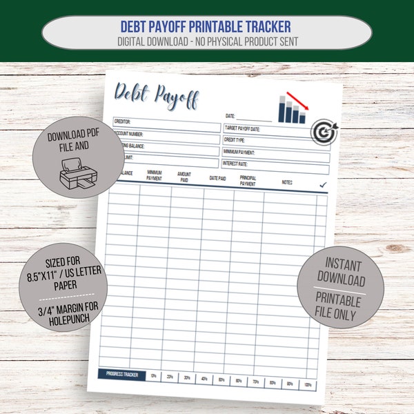 Debt Payoff Tracker/ Printable on 8.5 X 11- inch paper. Print as many as you need, keep track of monthly and extra principal payments.