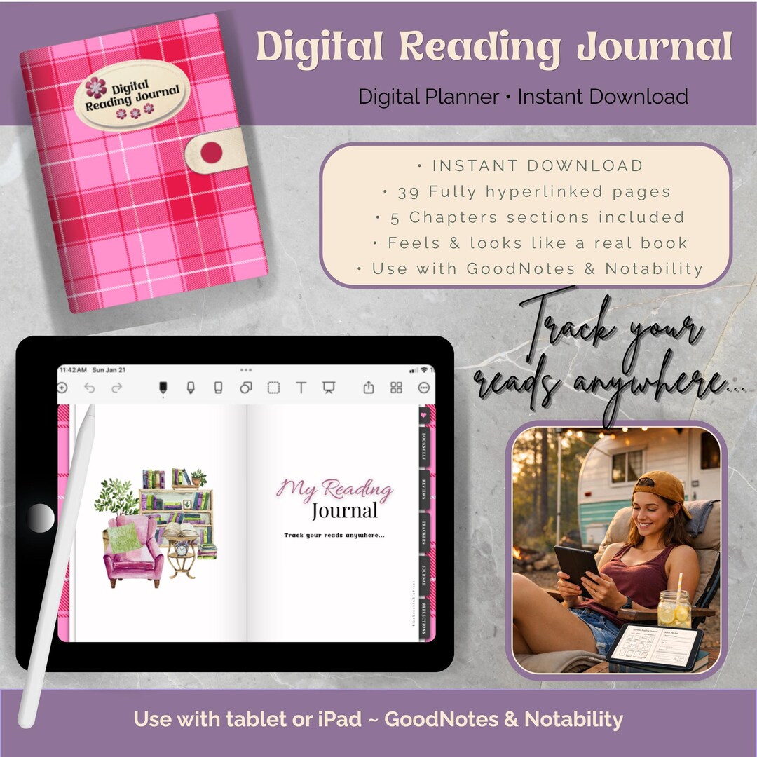 Digital Reading Journal for iPad or Tablet, Pink Plaid Cover, Use Note Taking App, Track and ...