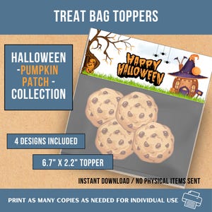 May include: A digital Halloween treat bag topper featuring the text Happy Halloween, a witch hat, and a tree with pumpkins. The topper measures 6.7 inches by 2.2 inches. The design includes four variations for printing on paper for party favors.