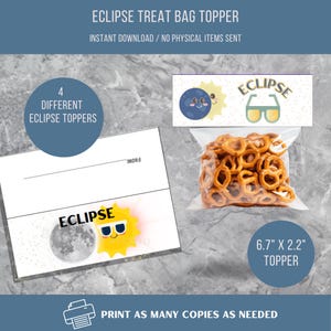 Puede incluir: Cuatro etiquetas imprimibles para bolsas de golosinas con un sol y una luna de dibujos animados con el texto "Eclipse". Las etiquetas miden 17 cm por 5,5 cm y son perfectas para una fiesta con temática espacial.