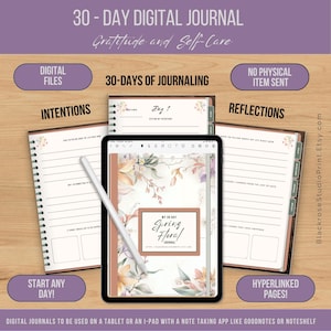 May include: A digital journal with a floral design on the cover. The journal is titled "My 30 Day Spring Floral Journal". The journal is designed for use on a tablet or iPad with a note-taking app. The journal includes sections for intentions, reflections, and 30 days of journaling.