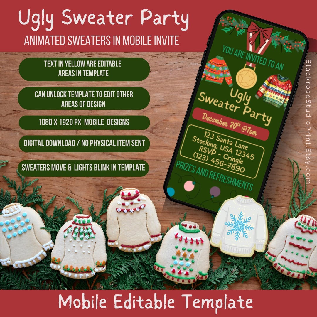Editable Ugly Sweater Party Mobile Invite – Animated Christmas Template ...