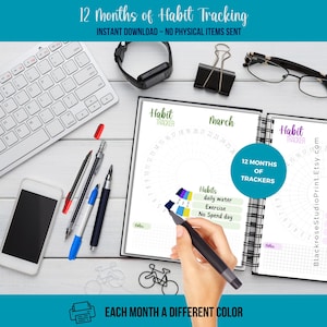 May include: A printable habit tracker with 12 months of trackers. Each month is a different color. The tracker includes a circle for daily habits, with sections for daily water, exercise, and no spend day. The text "12 Months of Trackers" is visible on the page.