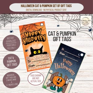 Könnte beinhalten: Druckbare Halloween-Geschenk-Etiketten mit einer schwarzen Katze, die über eine Backsteinmauer schaut, und einem lächelnden Kürbis im Retro-Design. Die Etiketten sind 5 cm breit und 9,4 cm lang. Der Text auf den Etiketten lautet "Happy Halloween".