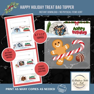 Puede incluir: Toppers imprimibles para bolsas de golosinas con una variedad de diseños navideños, incluyendo un hombre de jengibre, un bastón de caramelo y un reno asomándose desde un iglú. Los toppers miden 17 cm por 5,5 cm y dicen "Happy Holiday".