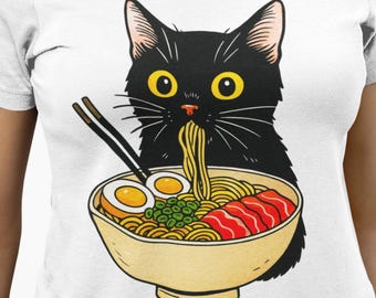 Black Cat Eating Ramen Noodles Unisex T-Shirt for Adults, Youth & Toddlers | Kawaii Japanese Foodie Graphic Tee, Cute Cat Lover Gift Vibes