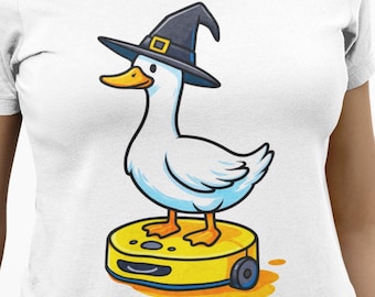 Goose Witch Riding Robot Vacuum Shirt - Funny Halloween Duck/Goose Tee for Adults, Youth & Toddlers | Witch Hat, Roomba Meme Unisex Gift Tee