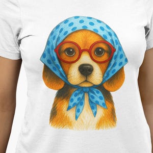 Funny Dog in Glasses and Headscarf T-Shirt, Cute Beagle Grandma Meme Tee, Vintage Style Puppy Graphic Shirt, Whimsical Animal Lover Gift Top