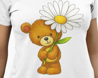 Cute Teddy Bear Daisy T-Shirt Unisex Adult Youth Toddler | Kawaii Bear Holding Flower Graphic Tee | Sweet Spring Birthday Gift For Her & Him