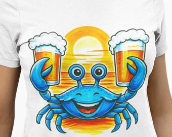 Beach Beer Crab T-Shirt - Funny Crab Holding Beers at Sunset | Unisex Adult Youth Toddler Gift for Coastal Vacations Bar Crawls & Summer Fun