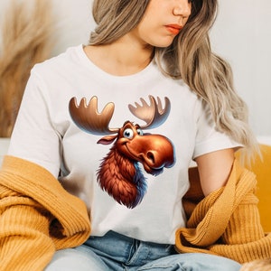 Unique Watercolor Moose Head T-Shirt - Unisex DTG Print Shirt - Artistic Cartoon Style Tee Top for Men & Women - Nature-Inspired Fashion Tee