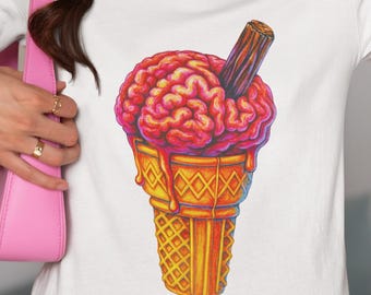 Brain Ice Cream T-Shirt – Creepy Cute Horror Graphic Tee – Unisex Adult Youth Toddler Top – Weird Goth Art Summerween Halloween Gift Tee Fun