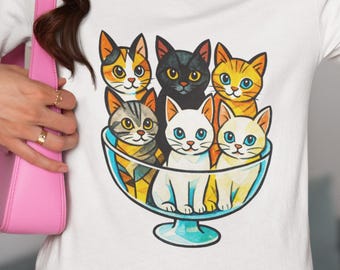 Six Cute Cats in Bowl T-Shirt | Unisex for Adults, Youth & Toddler | Kawaii Watercolor Cat Lover Gift Tee, Adorable Kitten Graphic Top Print
