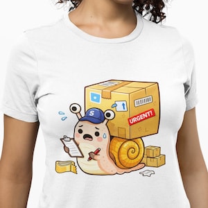 May include: White t-shirt featuring a cartoon snail wearing a blue cap and carrying a large cardboard box labeled "URGENT!". The snail holds a clipboard and pen, with sweat droplets, suggesting a busy delivery theme.