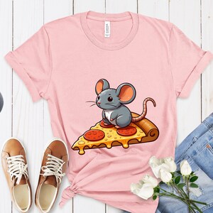 Cartoon Mouse Cheese Pizza T-Shirt - Quirky Fun Unisex Shirt, Cute Rodent Pizza Lover Tee Top Gift, Comical Animal Graphic Casual Wear