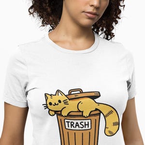 Funny Trash Cat T-Shirt, Cute Kawaii Dumpster Cat Meme Tee, Adorable Garbage Cat Aesthetic Shirt, Unisex Cartoon Cat Lover Streetwear Top