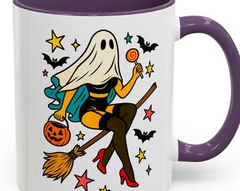 Ghost Witch Pinup on Broom Mug - Retro Halloween Coffee Cup with Bats, Jack-O'-Lantern Pail & Lollipop, Spooky Cute Witchy Gift for Her Fun