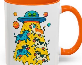 UFO Cow Abduction Mug - Funny Alien & Flying Saucer Coffee Cup, Cartoon Space Cows, Cool Sci-Fi Gift for Believers, Gamers and Area 51 Fans!