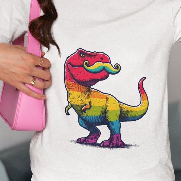 Colorful Mustache T-Rex T-Shirt | Whimsical Dinosaur Tee Top | Retro Style Jurassic Graphic | Unisex Casual Fit | Unique Dino Lover Gift