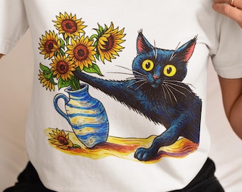 Black Cat Sunflower T-Shirt, Funny Floral Cat Lover Tee, Whimsical Art Unisex Graphic Top for Adults, Toddlers & Youth, Cute Gift Shirt Idea