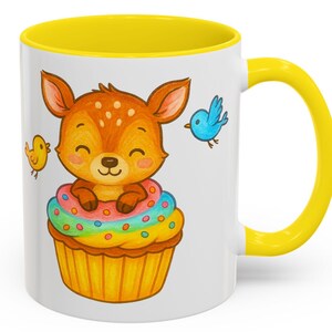 Cute Deer Cupcake Mug - Adorable Fawn in Colorful Frosting with Birds, Kawaii Animal Coffee Cup, Sweet Woodland Gift for Nature Lovers