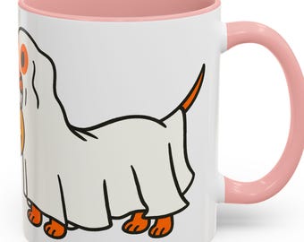 Ghost Dachshund Halloween Mug - Trick-or-Treat Dog with Pumpkin Bucket, Cute Wiener Dog Coffee Cup, Doxie Mom Gift, Spooky Season Vibe Style
