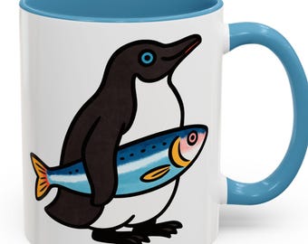Penguin Mug - Cute Penguin Holding Fish Illustration, Funny Animal Coffee Cup, Penguin Lover Gift, Ocean Wildlife Art Print for Tea Kitchen