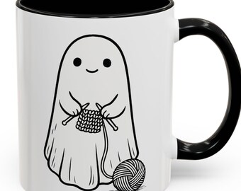 Cute Ghost Mug with Knitting Yarn Design, Funny Halloween Coffee/Tea Cup for Knitters, Cozy Craft Lover Gift, Spooky Season Fall Yarn Mug
