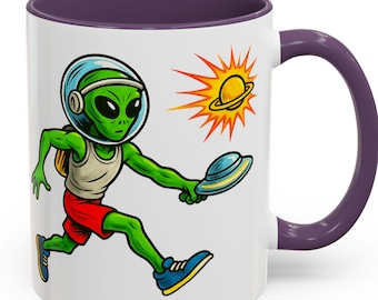 Alien Running with UFO Mug - Funny Space Coffee Cup, Extraterrestrial Gift for Sci-Fi Fans, UFO Lover Present, Cosmic Galaxy Retro Art Decor