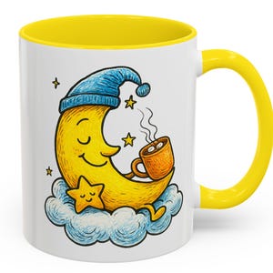 Cute Moon Coffee Mug, Kawaii Crescent Moon with Hot Cocoa, Cozy Nighttime Gift Idea, Sleepy Star Cup, Adorable Celestial Kids Mug