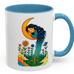 Sleeping Girl on Crescent Moon Mug - Dreamy Celestial Coffee Cup with Stars, Flowers, and Planets, Whimsical Night Sky Art Gift Idea