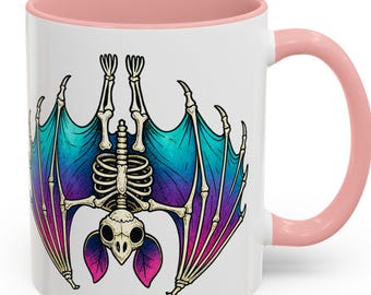 Pastel Goth Bat Skeleton Mug - Neon Winged Bat Coffee Cup, Cute Spooky Halloween Gift for Goth Aesthetic, Bat Lover, Witchy Fall Vibes Style