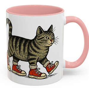 Walking Cat Mug, Cool Tabby Kitty in Red Sneakers Cartoon Design, Gift for Cat Lovers, Pet Owners, Animal Fans, Kids, Walkers & Shoe Addicts