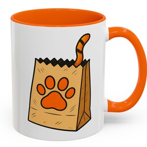 Funny Cat in Paper Bag Mug, Cute Cartoon with Paw Print and Tail, Gift for Cat Lovers, Pet Owners, Cat Moms and Dads, Vet Techs, Animal Fans