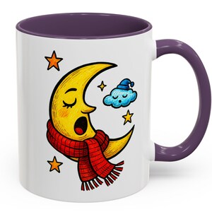 Cozy Moon with Scarf Mug - Cute Yawning Crescent and Sleeping Cloud, Whimsical Night Sky Coffee Cup, Winter Celestial Art Gift Idea