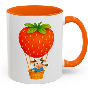 Cute Cow in Strawberry Balloon Mug, Adorable Hot Air Balloon Animal Art, Whimsical Coffee/Tea Cup Gift for Kids, Fruit Lovers & Cartoon Fans