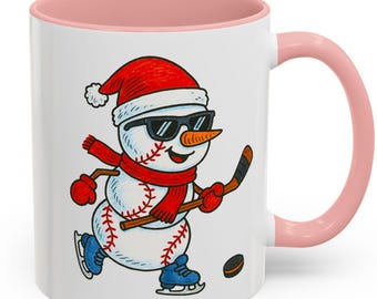 Hockey Snowman Christmas Mug, Funny Sports Coffee Cup, Santa Hat Holiday Gift, Baseball Snowman Hockey Player, Winter Kids Mug