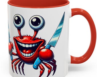 Crazy Crab Mug with Knives, Hilarious Cartoon Coffee Cup Gift for Seafood Lovers, Cooks, Chefs, Crustacean Fans,Kitchen Humor Enthusiasts