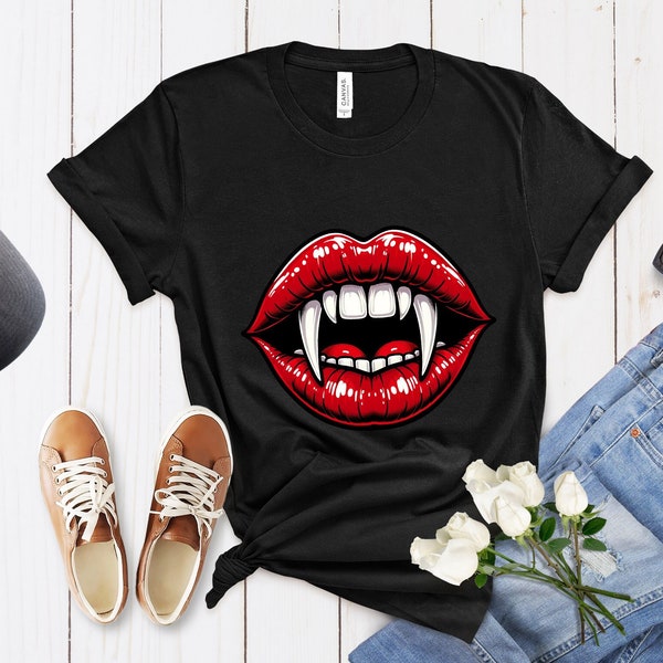 Vampire Teeth T-Shirt - Red Lips, Open Mouth, Gothic Unisex Tee Top, Fantasy Inspired, Trendy Vampire Fangs, Bold Graphic Shirt, All Sizes