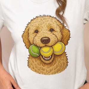 Golden Doodle Dog with Tennis Balls T-Shirt, Funny Fluffy Dog Graphic Tee, Cute Retriever Pet Lover Shirt,Unisex Playful Dog Gift for Owners