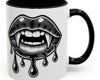Gothic Vampire Fangs Mug - Dripping Black Blood Horror Design for Halloween, Goth Aesthetic, Dark Fantasy Lovers - Unique Spooky Drinkware