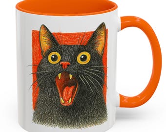 Screaming Black Cat Mug, Funny Halloween Cat Coffee Cup, Spooky Meme Cat Lover Gift, Gothic Witchy Black Kitty Art for Women Men Teens Gifts