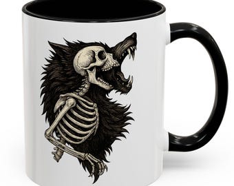 Dark Gothic Werewolf Skeleton Mug, Horror Art Coffee Cup for Halloween, Metalheads, Tattoo Style & Mythical Monster Lovers,Grim Beast Design