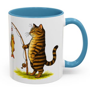 Fishing Cat Mug, Cute Cartoon Tabby Cat with Fish Coffee Cup Gift for Cat Lovers, Fishermen, Animal Fans, Pet Owners, Outdoorsy Friends
