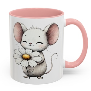 Cute Mouse with Daisy Mug, Kawaii Cartoon Mouse Holding Flower, Adorable Animal Coffee Cup, Gift for Nature Lovers, Kids, and Mouse Fans
