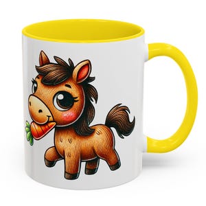 Cute Kawaii Horse Mug with Carrot, Funny Cartoon Pony Coffee Cup Gift for Kids, Animal Lovers, Horse Riders, Equestrian Fans, Barn Friends