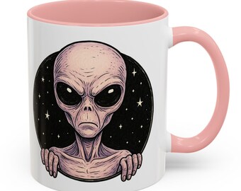 Creepy Alien Mug, Retro Sci-Fi Grey Alien Peeking Through Space Window with Stars, Funny Sci-Fi Lover Gift, UFO Enthusiast Coffee Cup