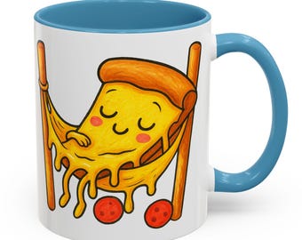 Melting Pizza Slice in Hammock Mug - Cute Cartoon Kawaii Funny Pizza Coffee Cup, Cheesy Nap Time Foodie Gift for Pizza Fans, Pepperoni Vibes