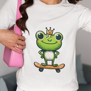 Unisex T-Shirt with Cute Cartoon Frog Wearing a Crown on a Skateboard - Fun and Whimsical Frog Lover Gift Tee - Skater Frog Top Shirt